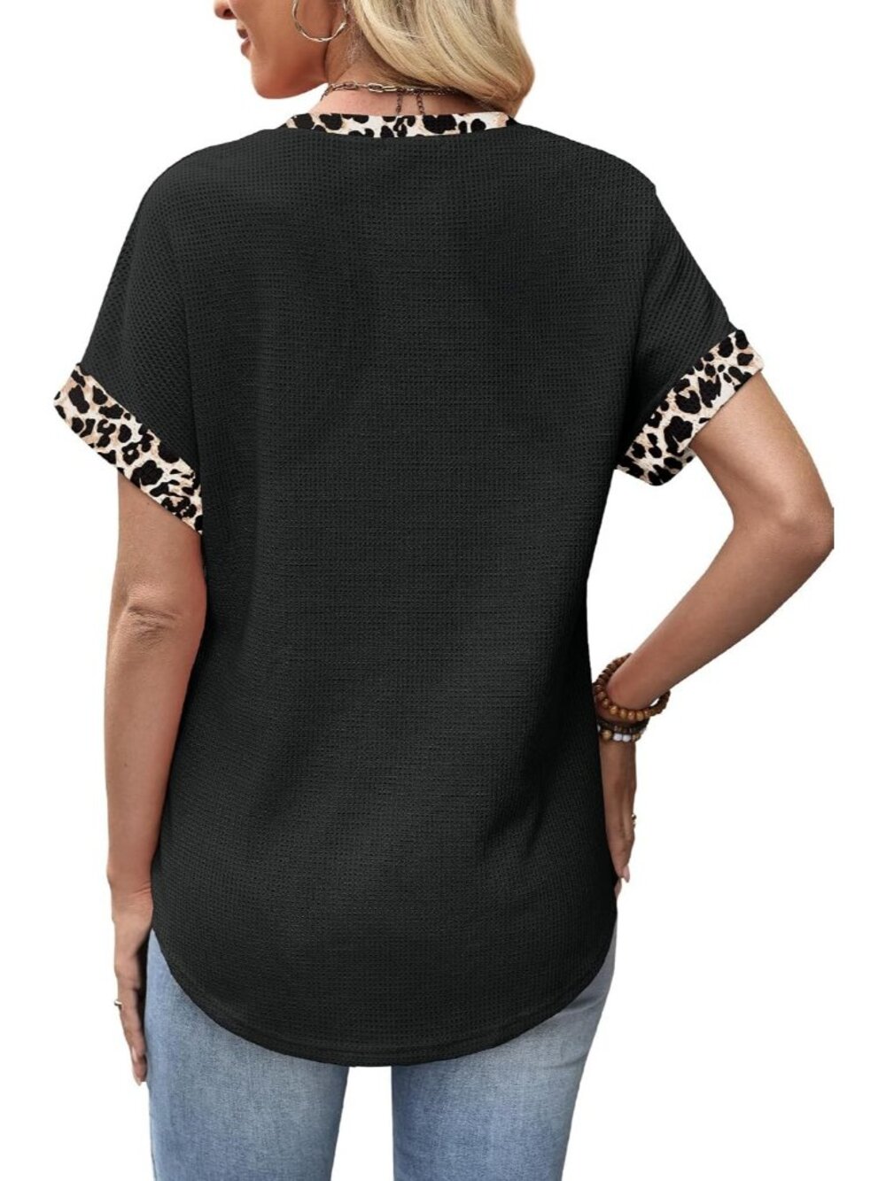 Women's Unique Black Leopard Blend Short Sleeve V Neck Pull On Henley Shirts - Picture 5 of 5